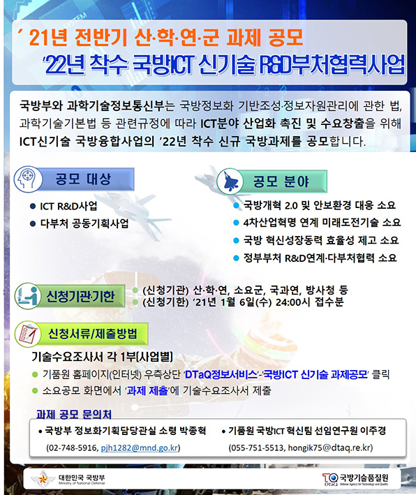 [국방기술품질원] '22년 국방 ICT신기술 R&D부처협력사업 과제 공모